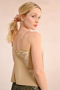 Molly Bracken : Gold Satin Camisole with Adjustable Straps and Lace Trim