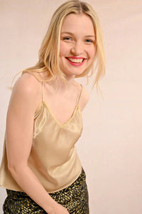 Molly Bracken : Gold Satin Camisole with Adjustable Straps and Lace Trim
