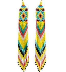Native Style Beaded Drop Dangle Thin Tassel Earrings- Yellow