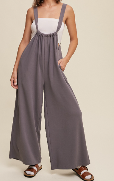 Wideleg drawstring jumpsuit with pockets in gray. 