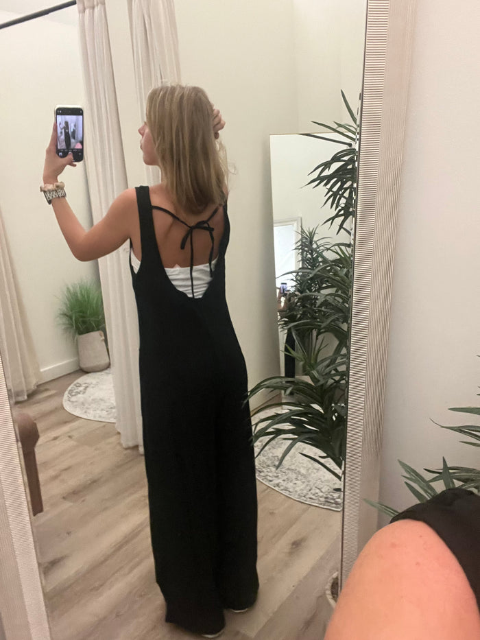 Black Knit Waffle Wide Leg Overalls with Pockets