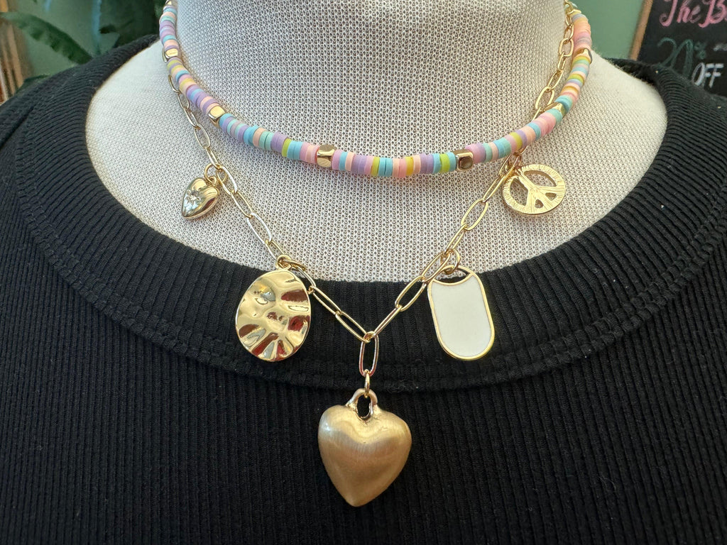 Rainbow Pastel Bead Layered Charm Necklace