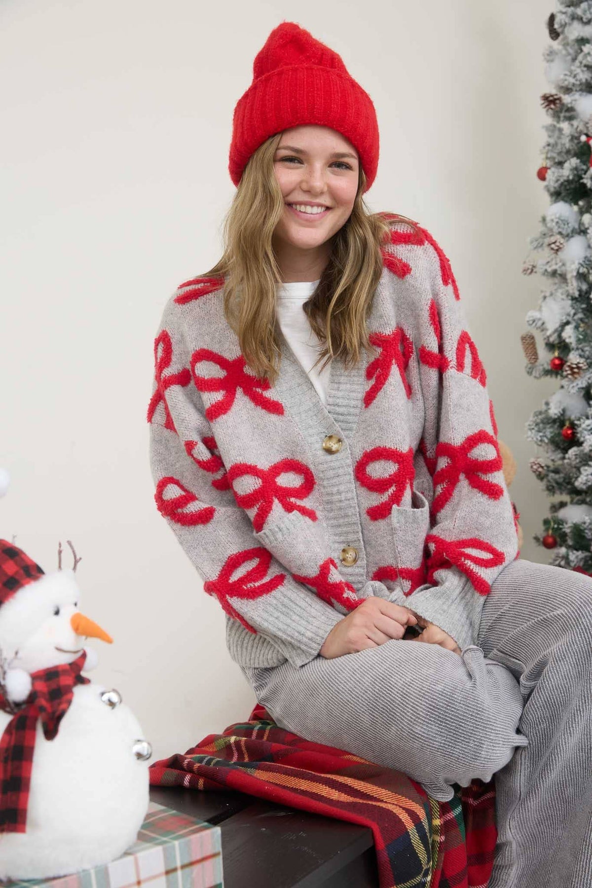 Holiday Bow Jacquard Knit Cardigan Sweater | SeaJay’s Boutique