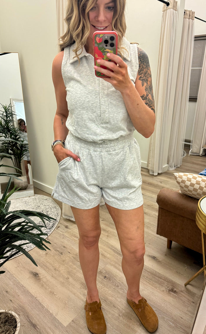 Athletic Collared Pocketed Romper- Gray