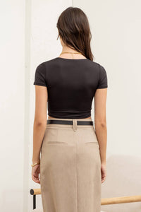 Reversible Round Neck Short Sleeve Crop Top in Black & Taupe