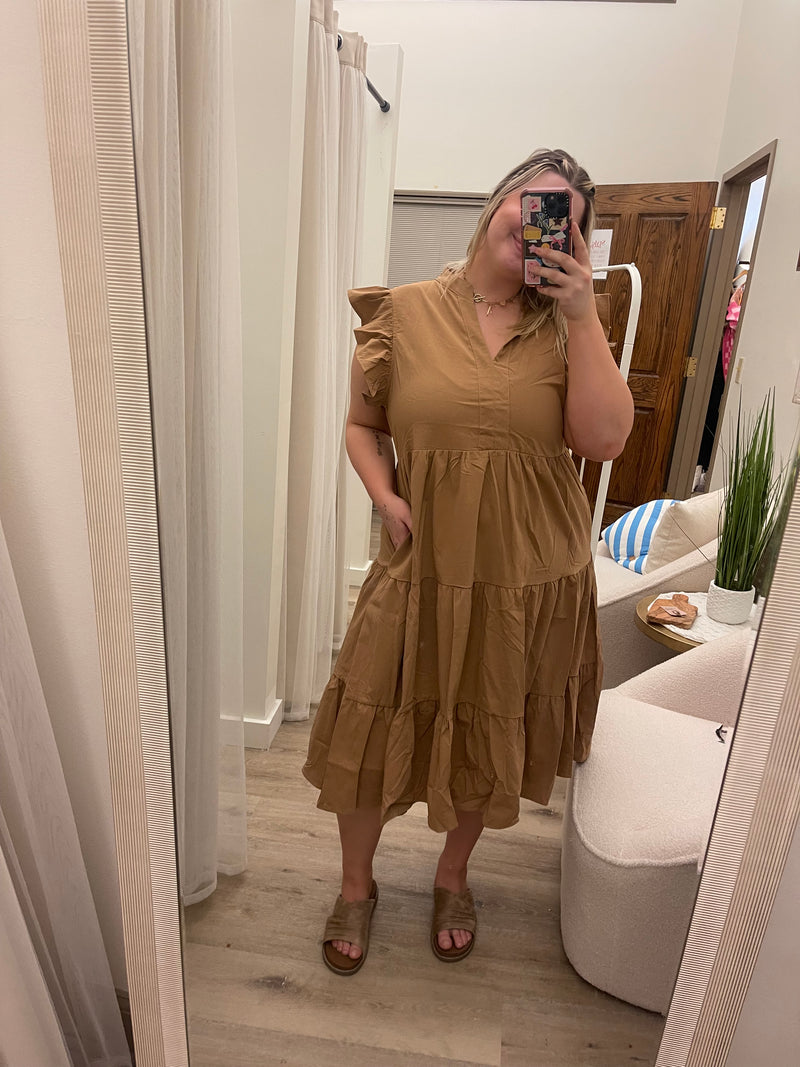 Plus Size Pocketed Ruffle Sleeve Tiered Midi Dress- Camel