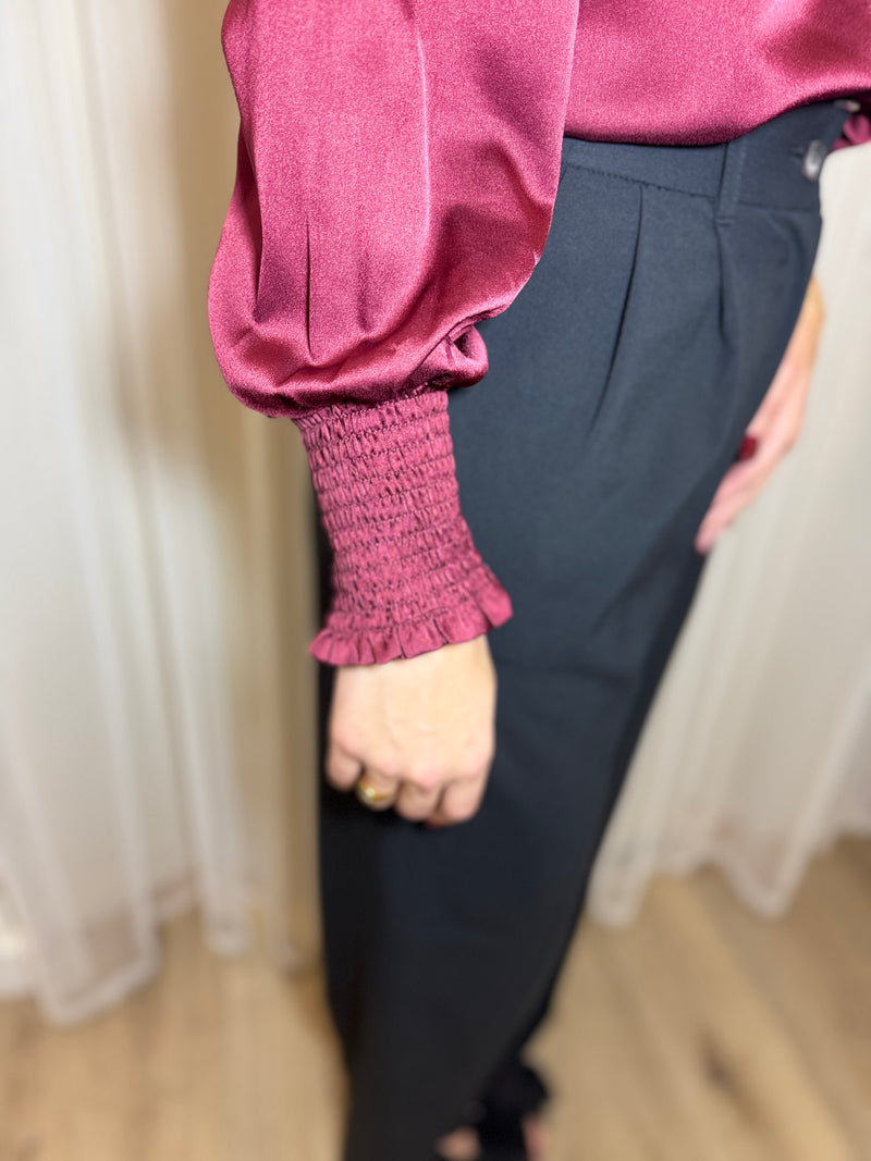 Merlot Satin Smocked Sleeve Button-Up | SeaJay’s Boutique