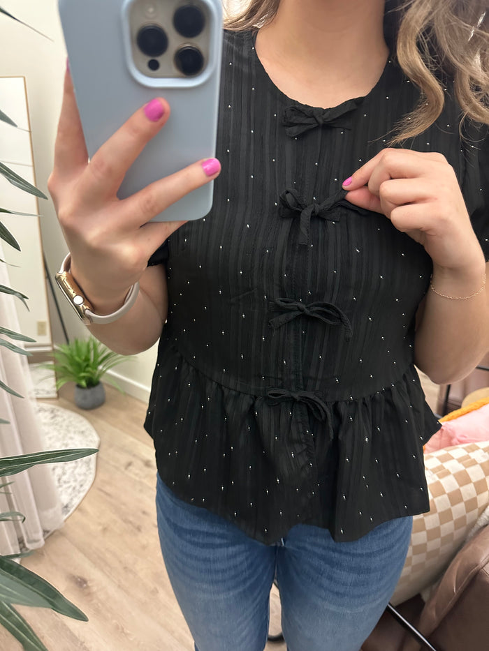 Stylish Black Rhinestone Dotted Tie-Front Blouse for Elegant Style, perfect for casual or romantic occasions.