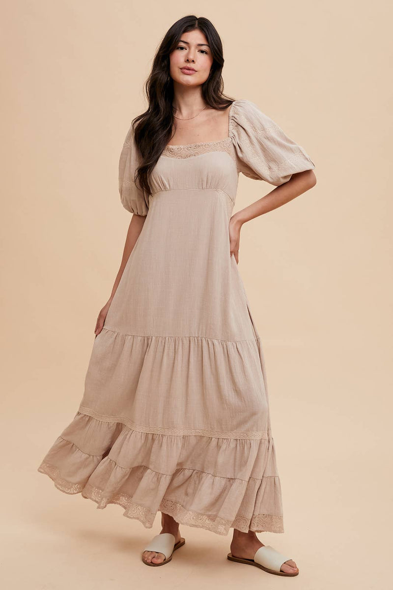 Linen Color Lace Inset Maxi Dress for Elegant Occasions