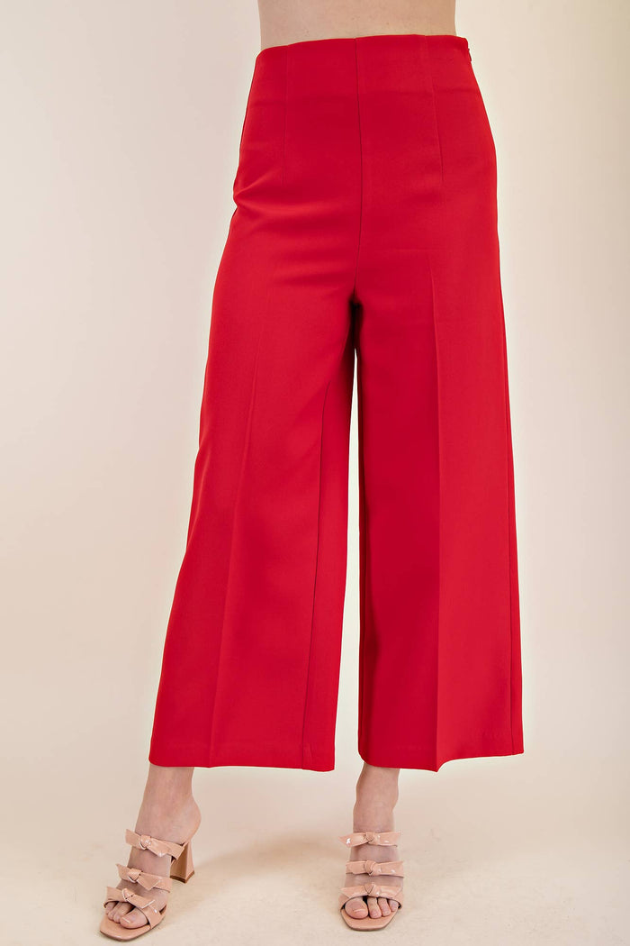 High Waist Wide Leg Cropped Pants- Red
