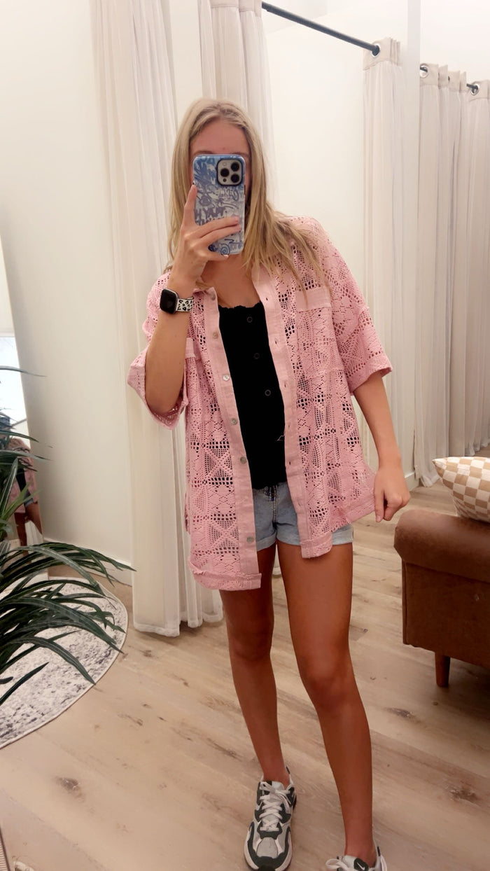 Oversized Crochet Button Down Shirt Top with Patch Pockets Short Sleeve Drop Shoulder Round Hem