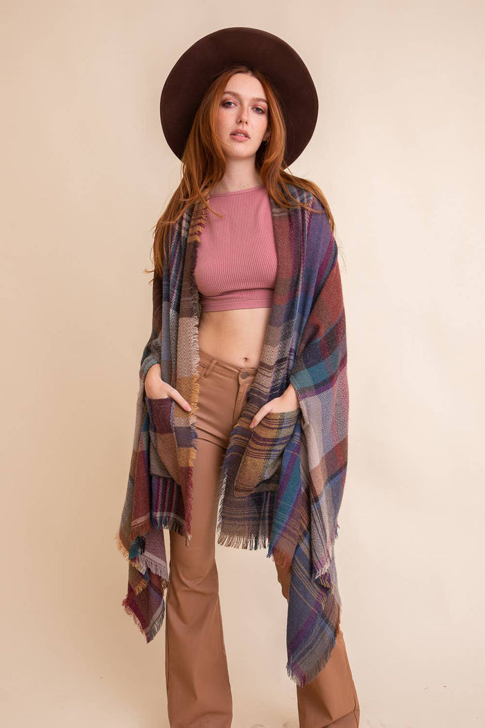 Stylish Multicolor Plaid Pocket Ruana Shawl for Women