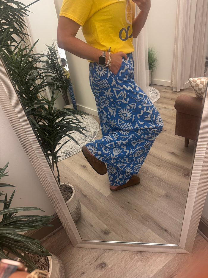Plus Size Printed Wide Leg Long Pants with Side Pockets and Ruffled Elastic Waist with Drawstring High Waist