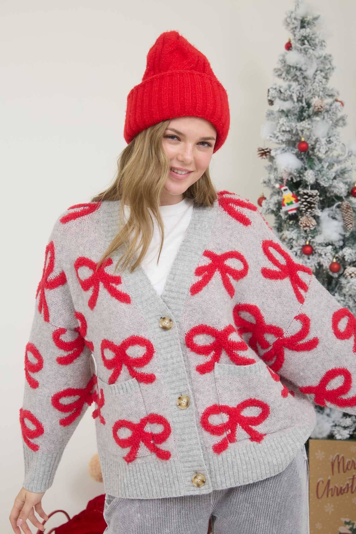Holiday Bow Jacquard Knit Cardigan Sweater | SeaJay’s Boutique