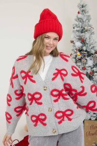 Holiday Bow Jacquard Knit Cardigan Sweater | SeaJay’s Boutique
