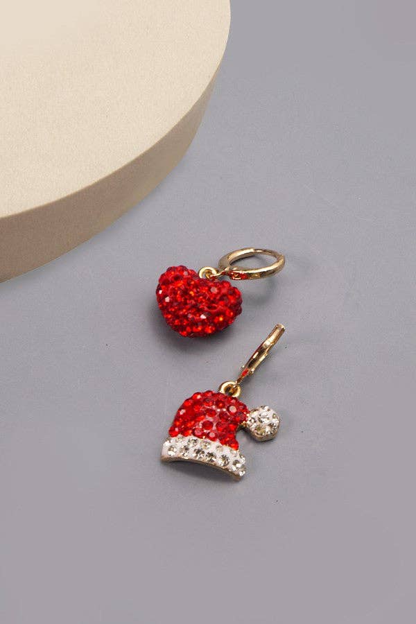 Rhinestone Holiday Mini Hoop Earrings — Santa Hat or Heart | SeaJay’s Boutique