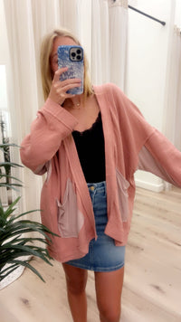 Textured Patchwork Open Front Cardigan with Relaxed Fit and Raw Edge Detailing