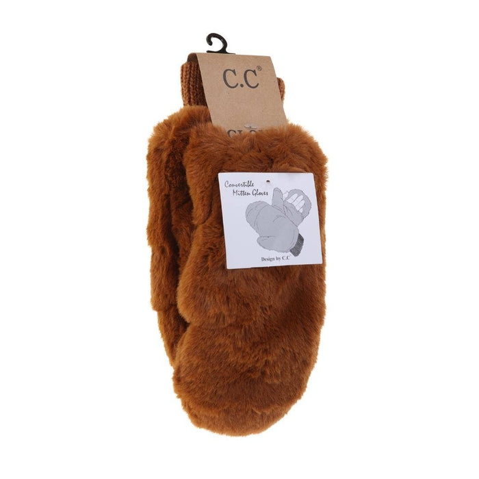 Fuzzy Lined Fur Women's Convertible Mittens Coffee Style
