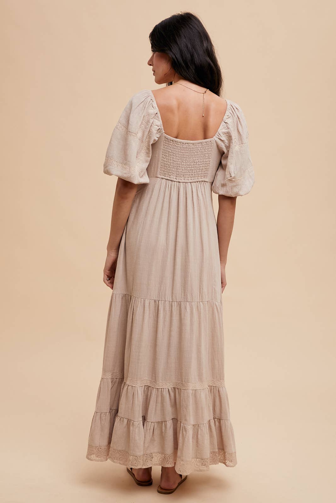 Linen Color Lace Inset Maxi Dress for Elegant Occasions
