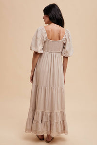 Linen Color Lace Inset Maxi Dress for Elegant Occasions