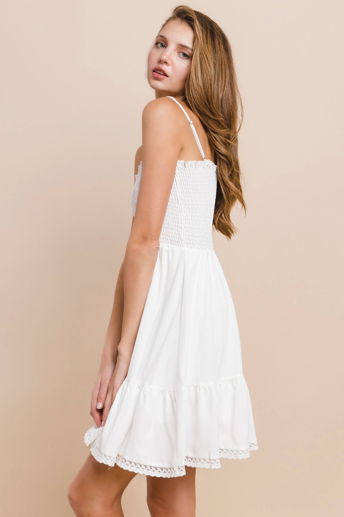 Smocked Babydoll Mini Dress with Lace Trim