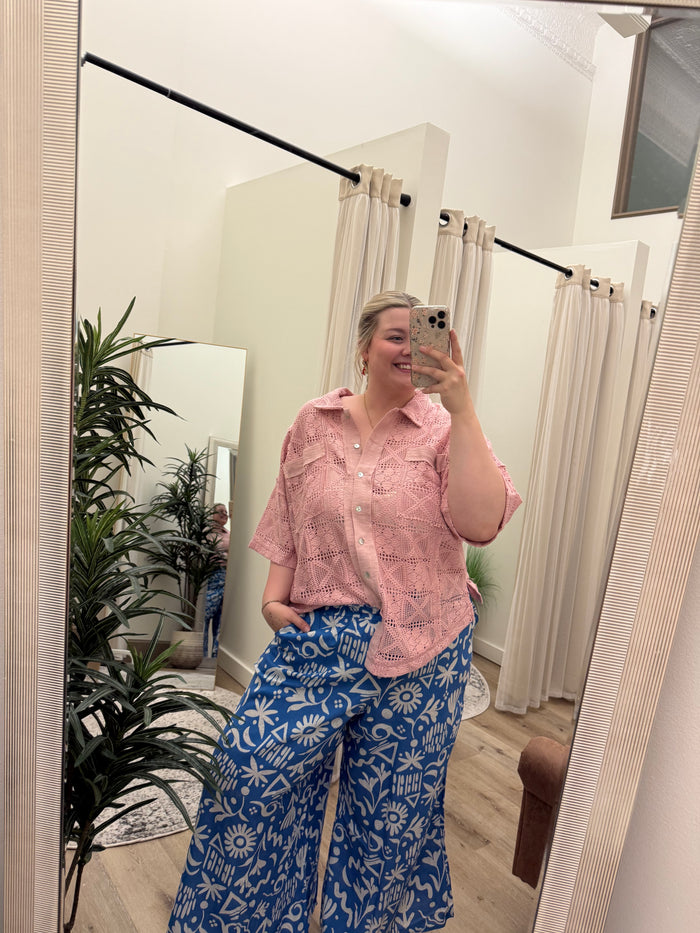 Plus Size Oversized Crochet Button Down Shirt Top with Patch Pockets and Short Sleeves