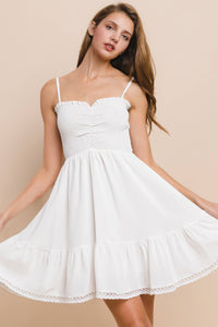Smocked Babydoll Mini Dress with Lace Trim