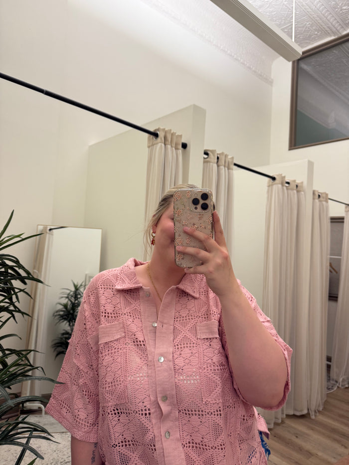 Plus Size Oversized Crochet Button Down Shirt Top with Patch Pockets and Short Sleeves