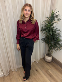 Merlot Satin Smocked Sleeve Button-Up | SeaJay’s Boutique