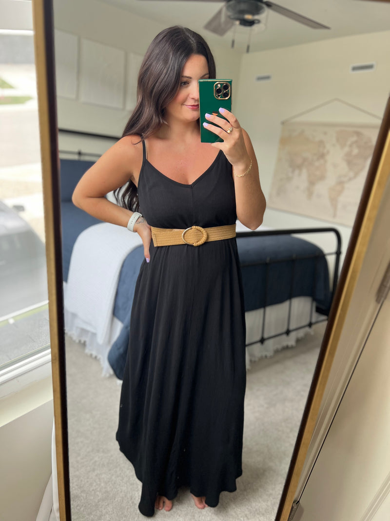Black Woven Crinkle Maxi Dress