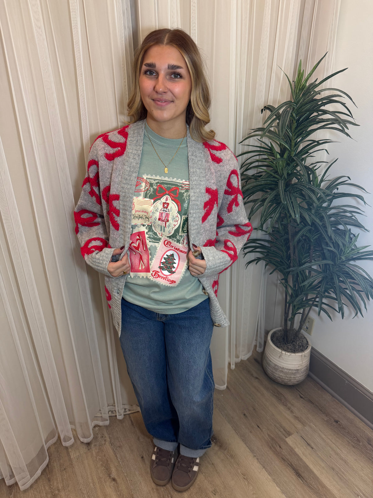 Holiday Bow Jacquard Knit Cardigan Sweater | SeaJay’s Boutique