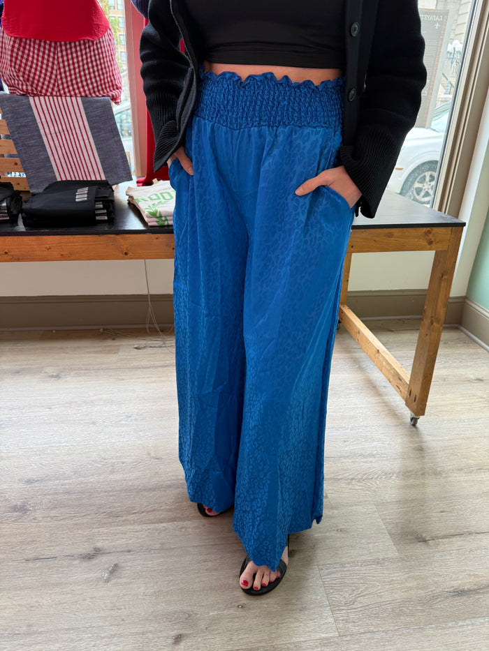 Royal Blue Leopard Jacquard Maxi Pants – Statement Wide-Leg Trousers for Women