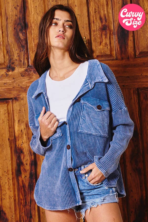 Blue Plus Size Vintage Wash Waffle Knit Shacket Style