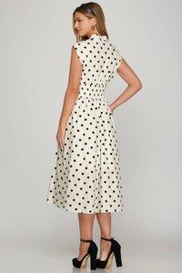 Women's Smocked Waist Polka Dot Zip Dress – Lightweight Midi with Zipper Front