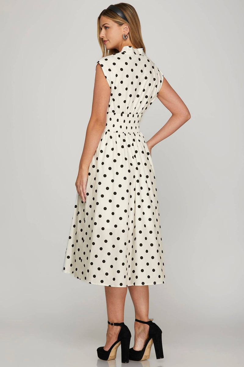 Women's Smocked Waist Polka Dot Zip Dress – Lightweight Midi with Zipper Front