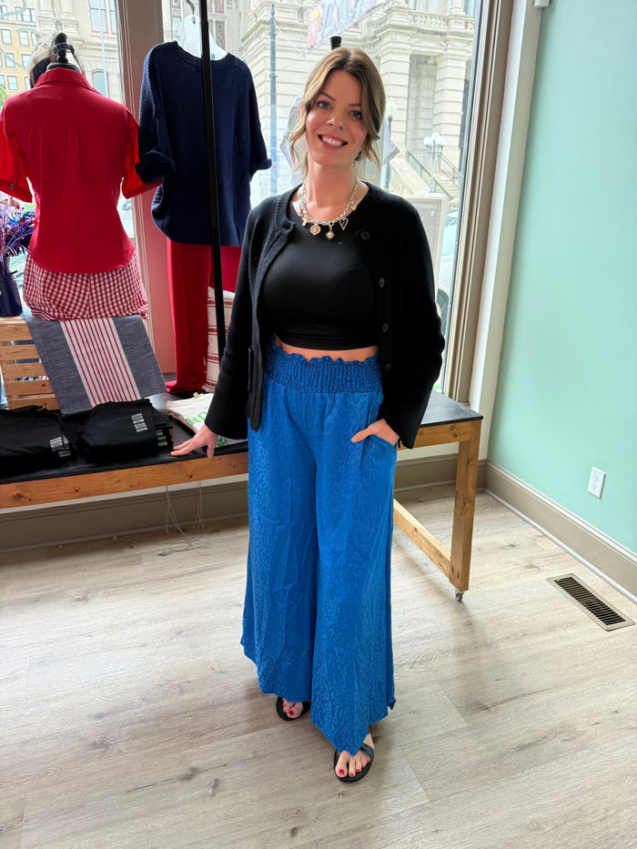 Royal Blue Leopard Jacquard Maxi Pants – Statement Wide-Leg Trousers for Women