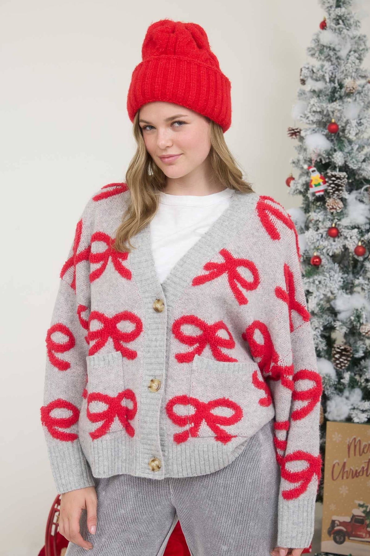 Holiday Bow Jacquard Knit Cardigan Sweater | SeaJay’s Boutique