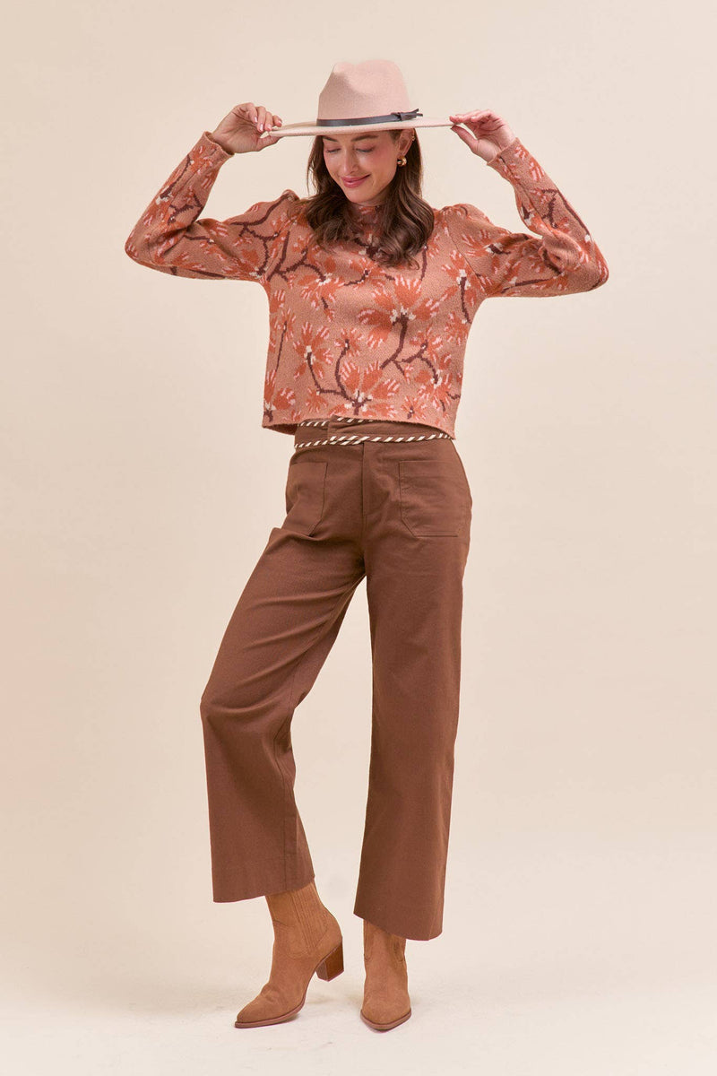 High Waist Wide Leg Pants with Whipstitch Trim