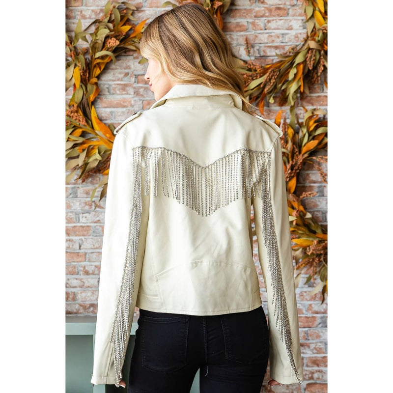 Rhinestone Fringe Faux Leather Moto Jacket for Women
