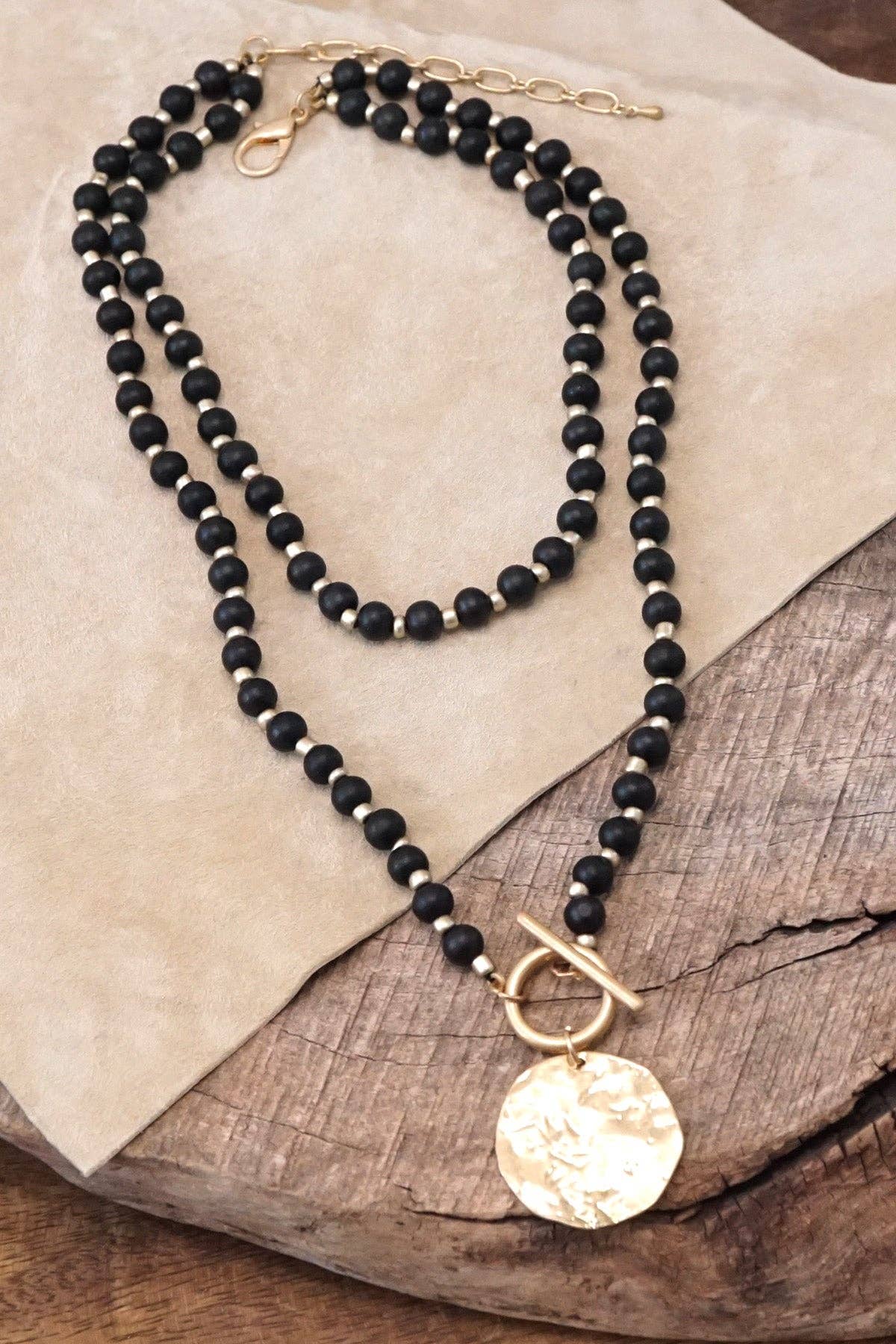 PennyLine inc Italian Jewelry: Multi Strand Wooden Beads Short Coin Necklace in Black and Gold
