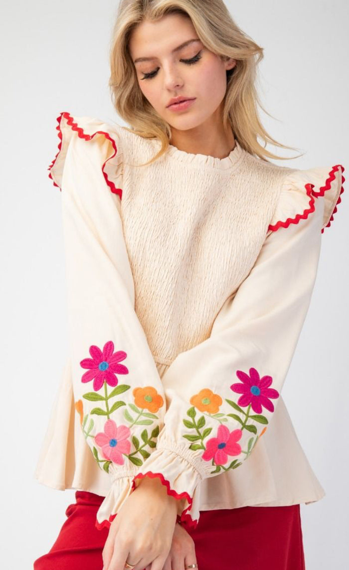 Cream Peplum Top with Embroidered Floral Sleeves