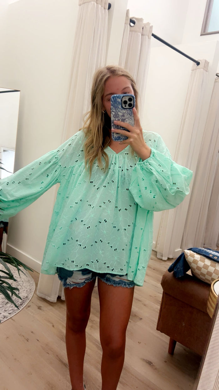 Puff Sleeve Eyelet Lace Babydoll Tunic Top for Women