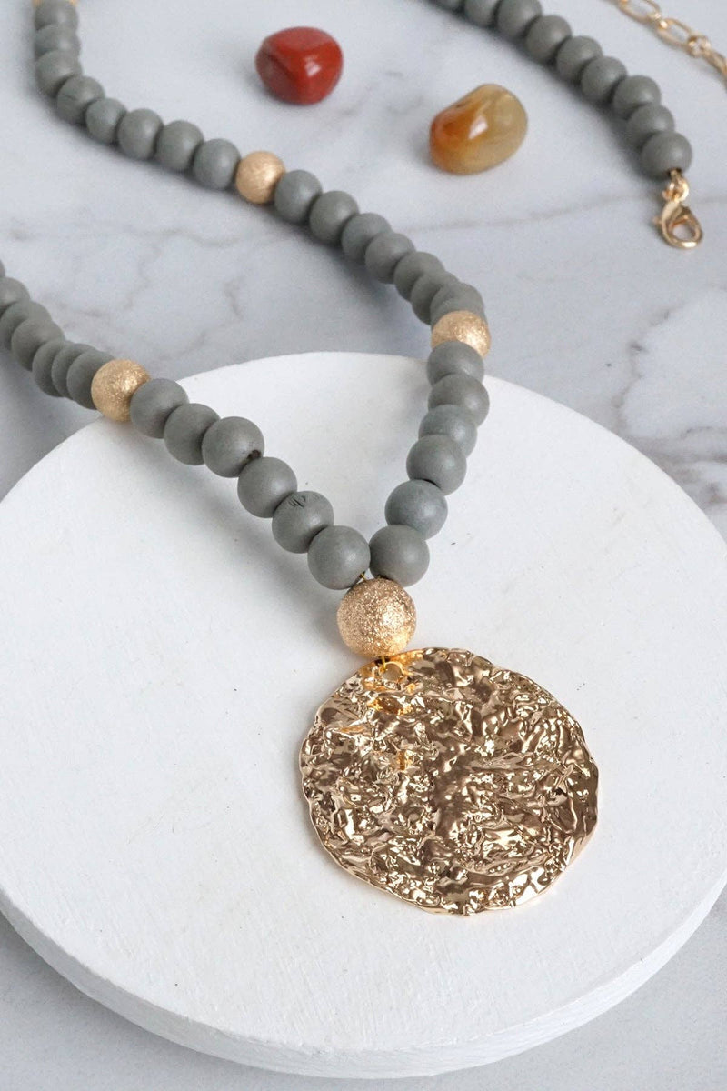 PennyLine inc Italian Jewelry: Long Wooden Bead Necklace with gold coin - Grey