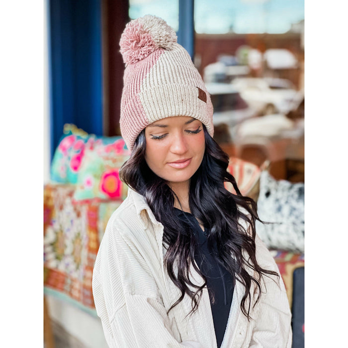 Two Tone Knit CC Beanie Hat - Violet/Beige Stylish Accessory