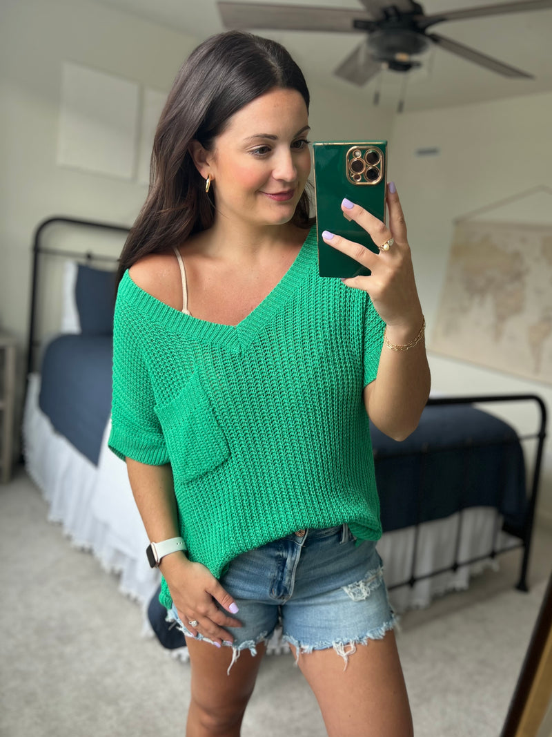 Kelly Green V-Neck Sweater Top