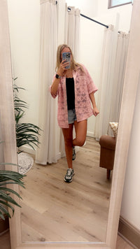 Oversized Crochet Button Down Shirt Top with Patch Pockets Short Sleeve Drop Shoulder Round Hem