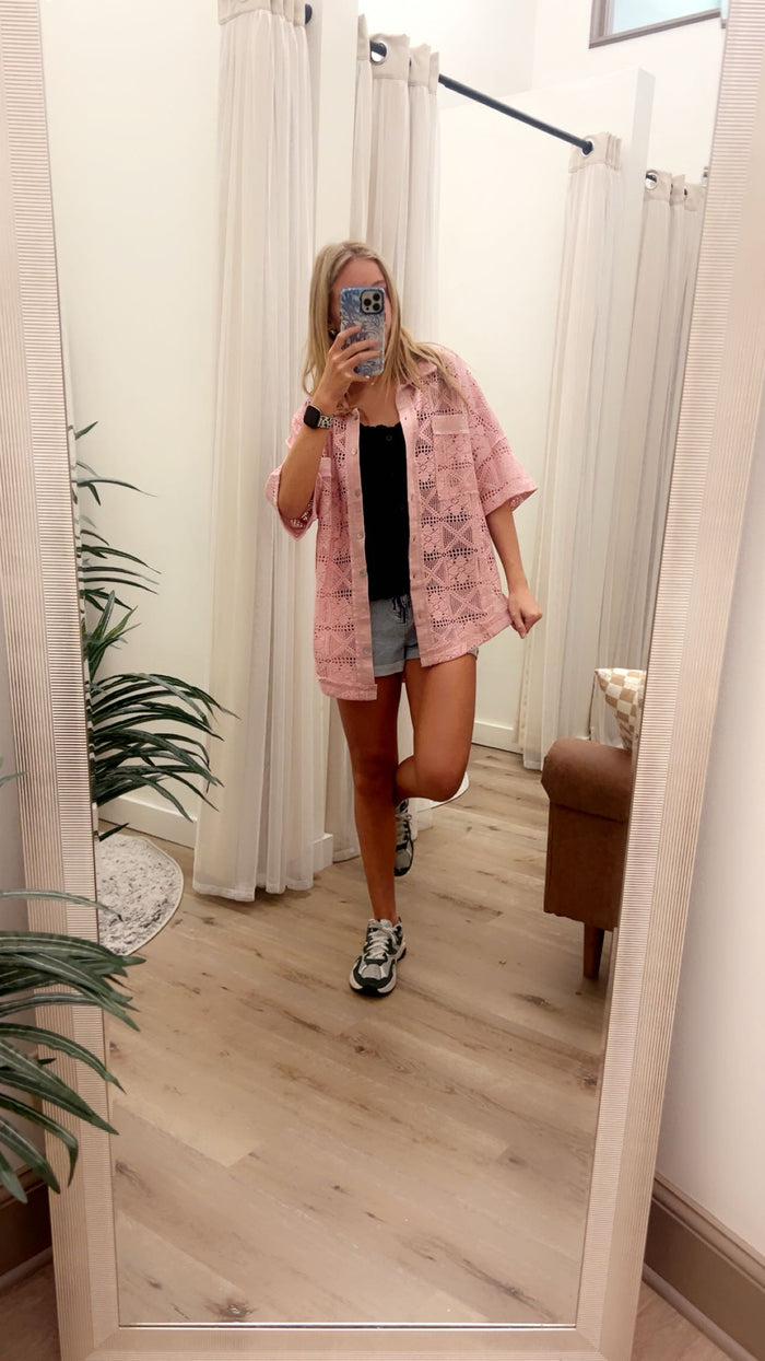Oversized Crochet Button Down Shirt Top with Patch Pockets Short Sleeve Drop Shoulder Round Hem