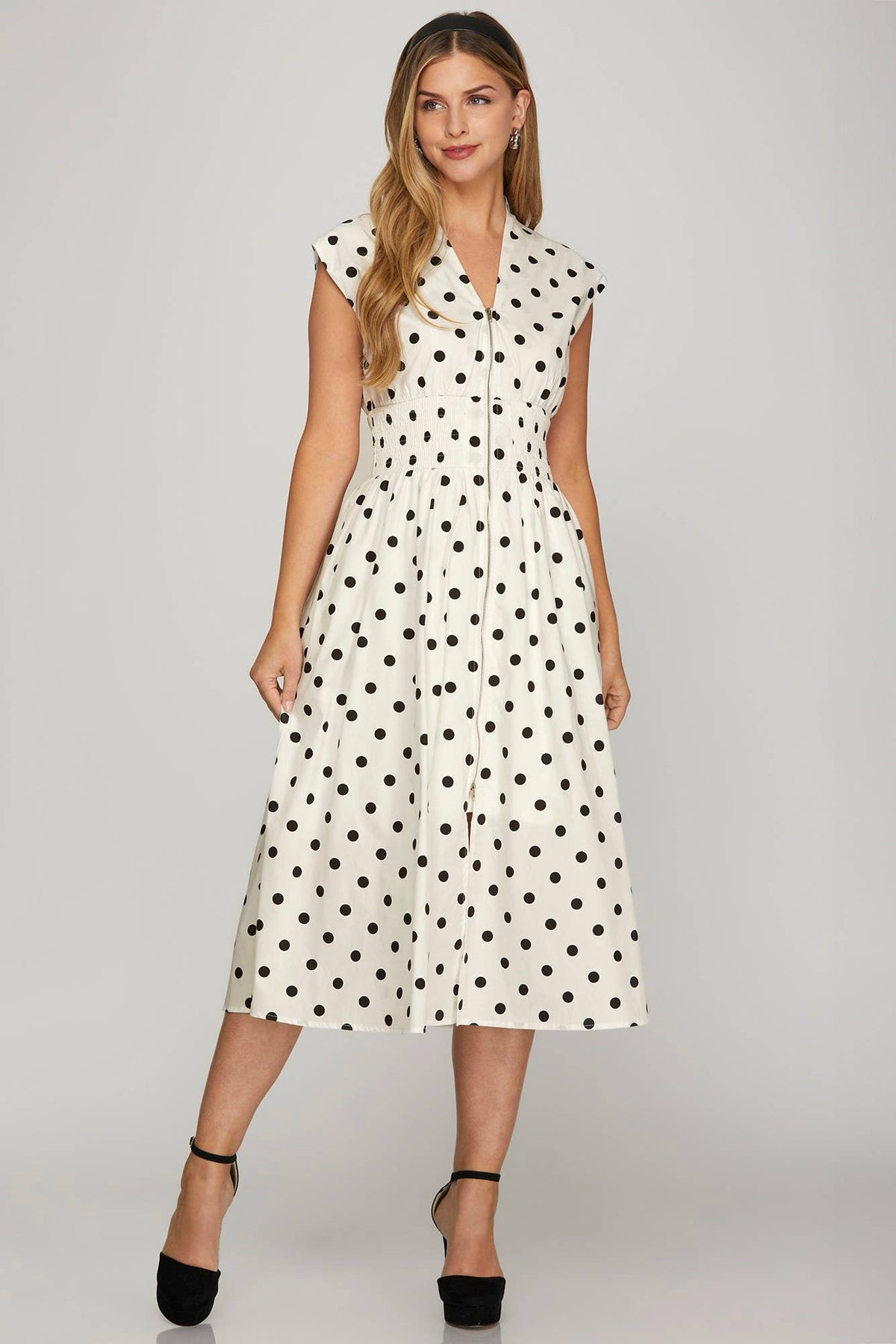 Women's Smocked Waist Polka Dot Zip Dress – Lightweight Midi with Zipper Front