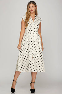 Women's Smocked Waist Polka Dot Zip Dress – Lightweight Midi with Zipper Front