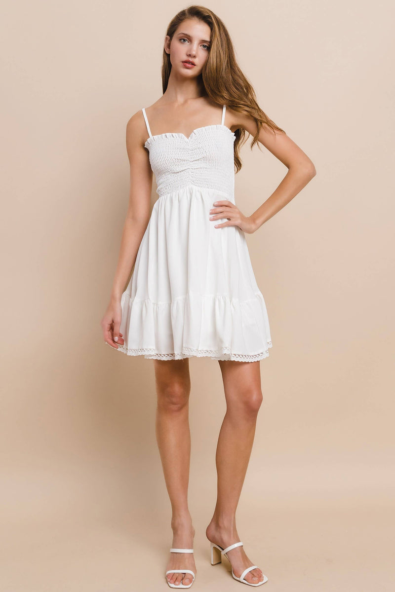 Smocked Babydoll Mini Dress with Lace Trim